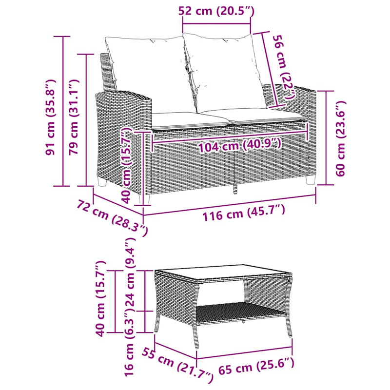 Garden Sofa 2-Seater with Cushions&Table Grey Poly Rattan