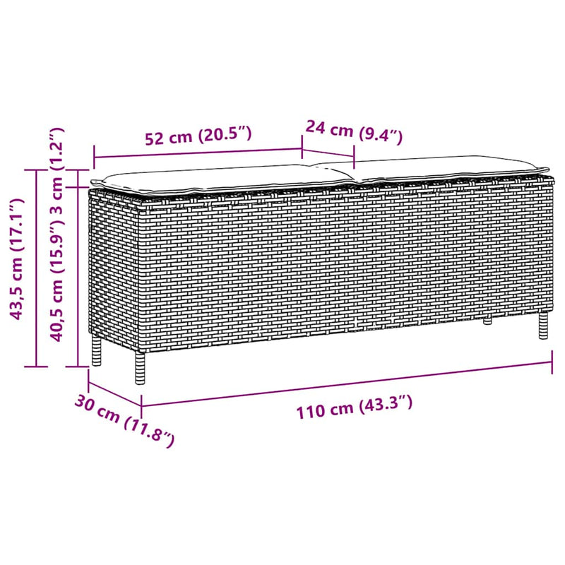 Garden Bench with Cushion Black 110x30x40.5 cm Poly Rattan