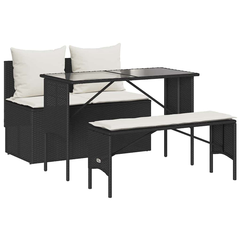 3 Piece Garden Dining Set with Cushions Black Poly Rattan