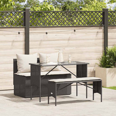 3 Piece Garden Dining Set with Cushions Black Poly Rattan