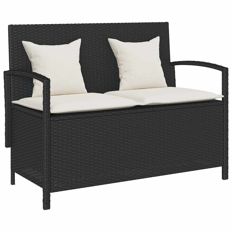 Garden Storage Bench with Cushion Black Poly Rattan