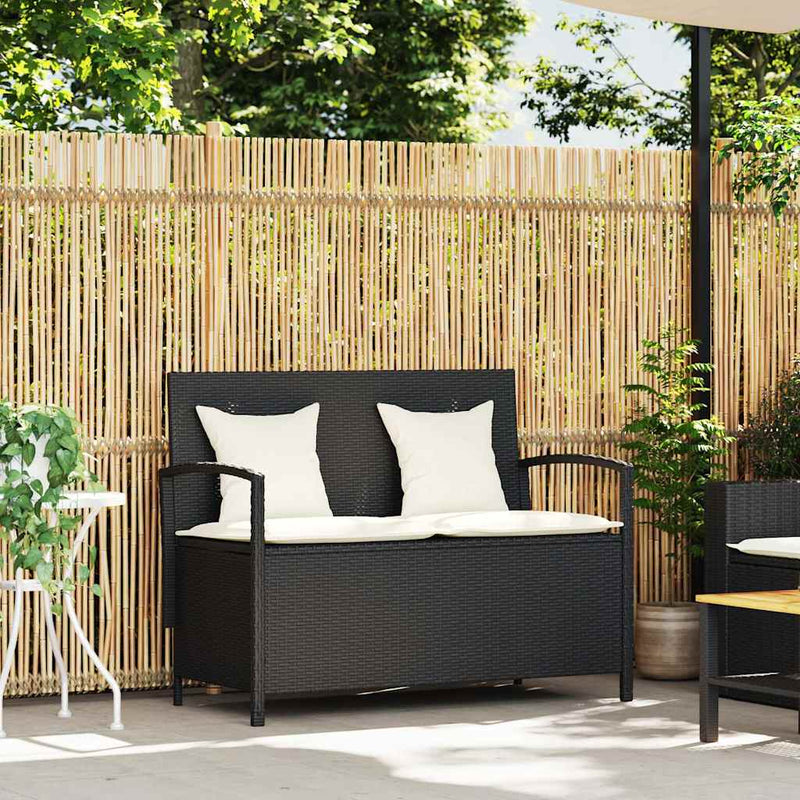 Garden Storage Bench with Cushion Black Poly Rattan