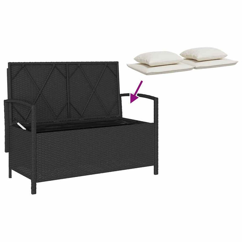 Garden Storage Bench with Cushion Black Poly Rattan