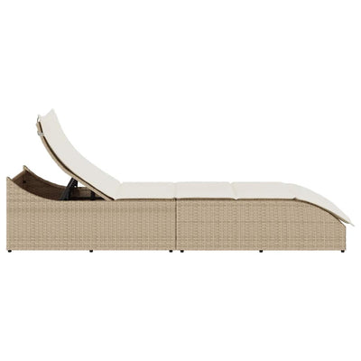 Folding Sun Lounger with Cushion and Storage Beige Poly Rattan