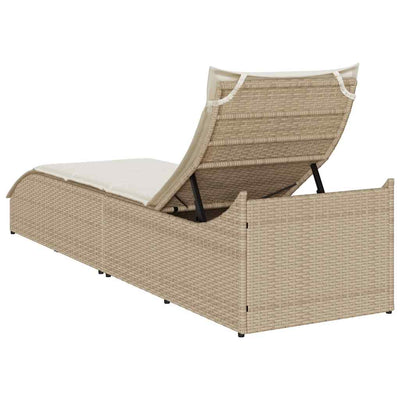 Folding Sun Lounger with Cushion and Storage Beige Poly Rattan