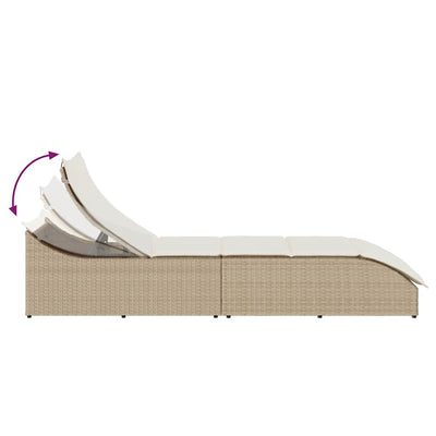 Folding Sun Lounger with Cushion and Storage Beige Poly Rattan