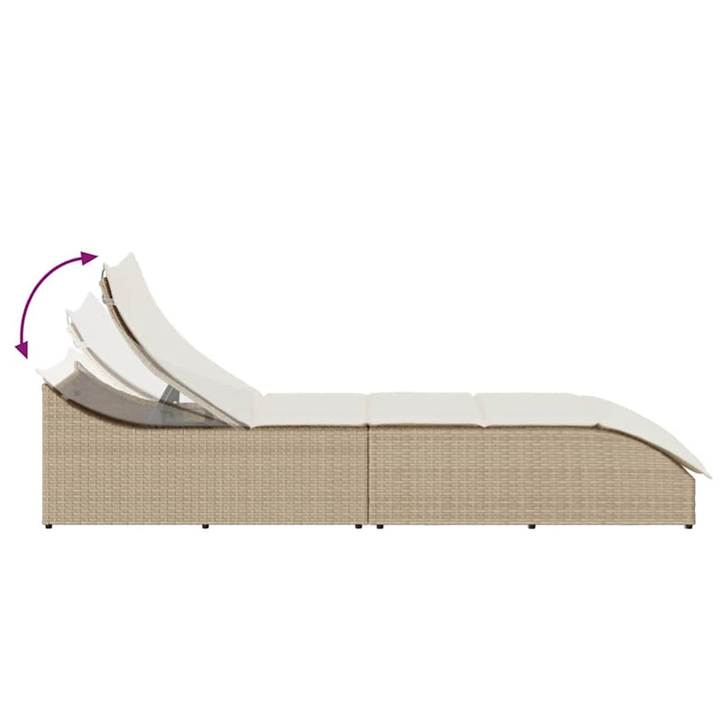 Folding Sun Lounger with Cushion and Storage Beige Poly Rattan