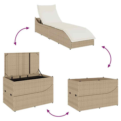 Folding Sun Lounger with Cushion and Storage Beige Poly Rattan