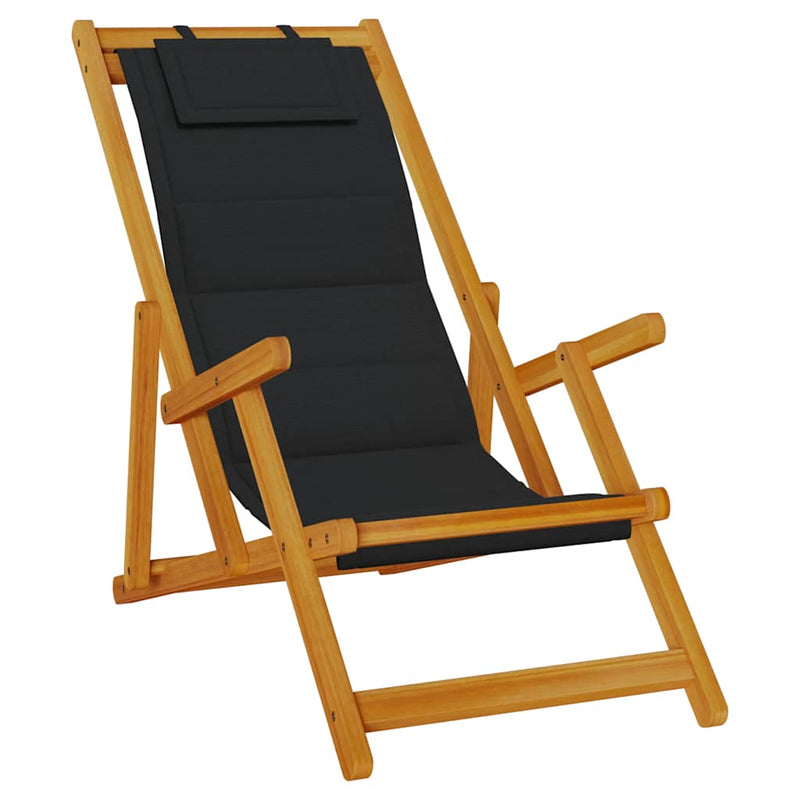 Folding Beach Chair with Armrests Black Acacia Wood & Textilene