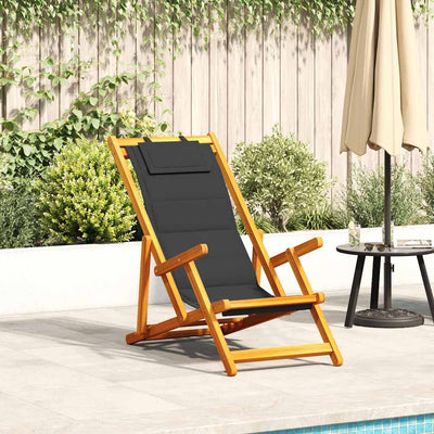 Folding Beach Chair with Armrests Black Acacia Wood & Textilene