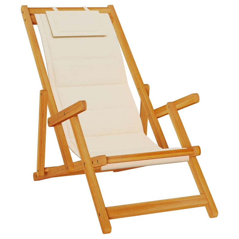 Folding Beach Chair with Armrests Cream Acacia Wood & Textilene