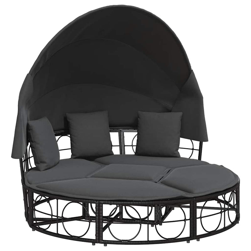 Outdoor Lounge Bed with Canopy and Cushions Black Poly Rattan