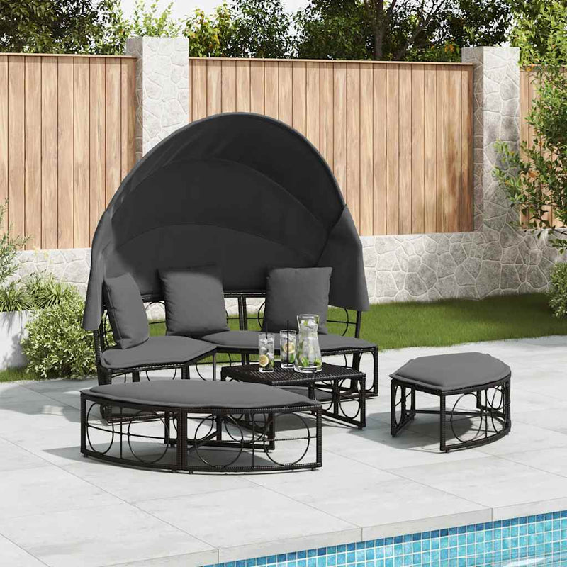 Outdoor Lounge Bed with Canopy and Cushions Black Poly Rattan