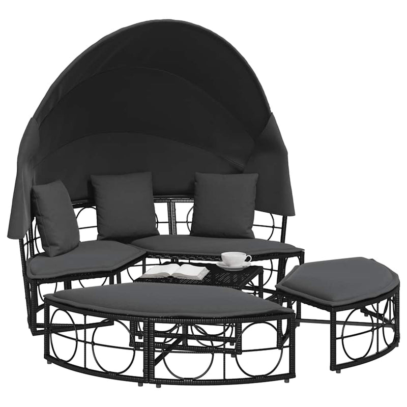 Outdoor Lounge Bed with Canopy and Cushions Black Poly Rattan