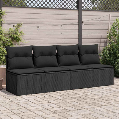 4 Piece Garden Sofa Set with Cushions Black Poly Rattan Acacia