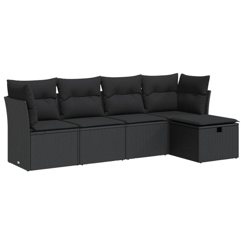 5 Piece Garden Sofa Set with Cushions Black Poly Rattan