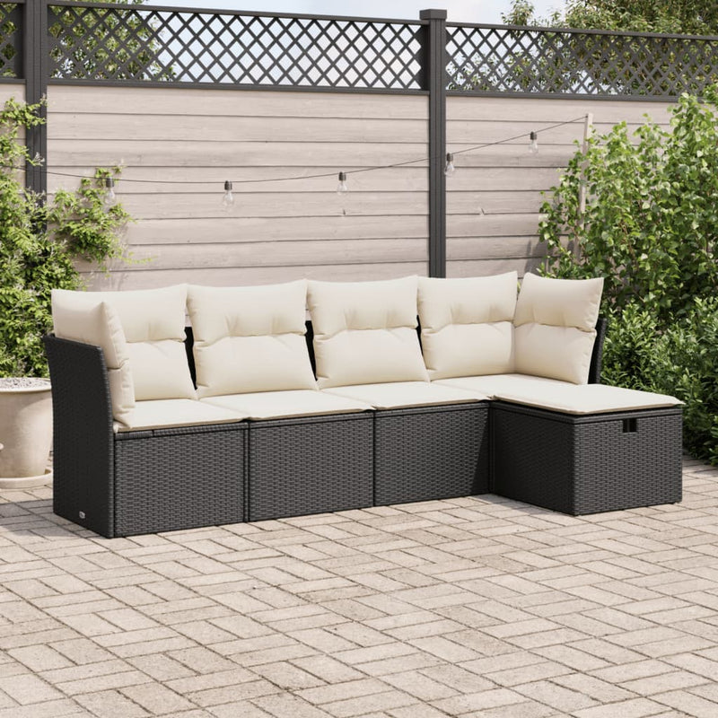 5 Piece Garden Sofa Set with Cushions Black Poly Rattan