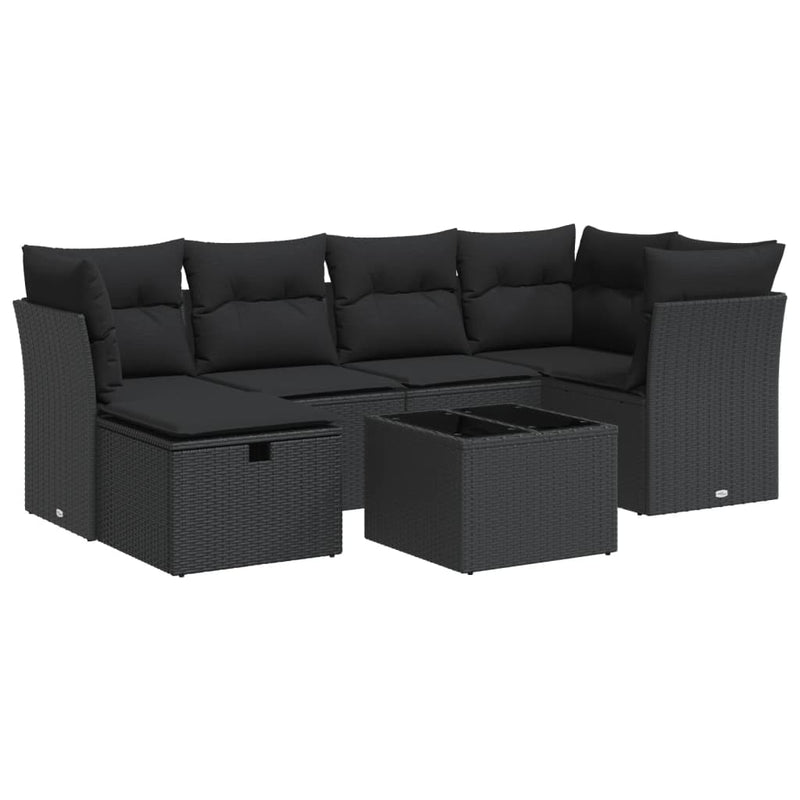 7 Piece Garden Sofa Set with Cushions Black Poly Rattan