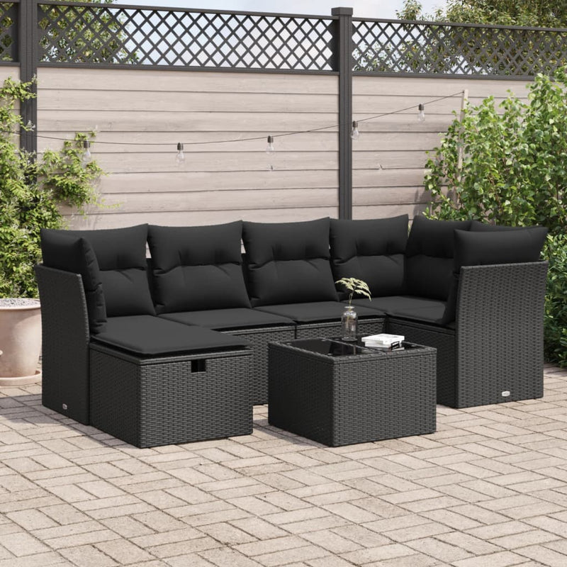 7 Piece Garden Sofa Set with Cushions Black Poly Rattan