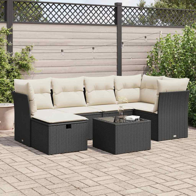 7 Piece Garden Sofa Set with Cushions Black Poly Rattan