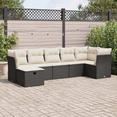 7 Piece Garden Sofa Set with Cushions Black Poly Rattan