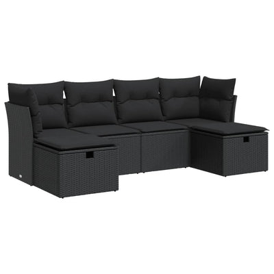 6 Piece Garden Sofa Set with Cushions Black Poly Rattan