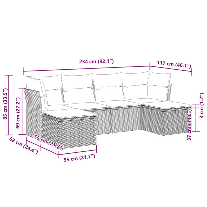 6 Piece Garden Sofa Set with Cushions Grey Poly Rattan