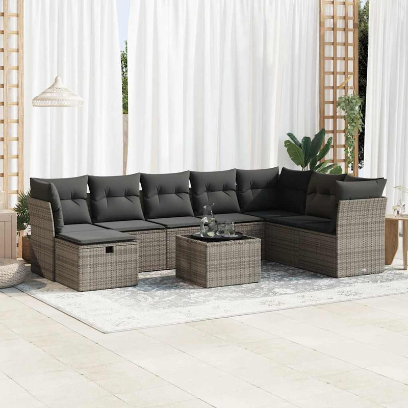 9 Piece Garden Sofa Set with Cushions Grey Poly Rattan