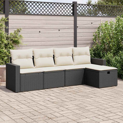 5 Piece Garden Sofa Set with Cushions Black Poly Rattan