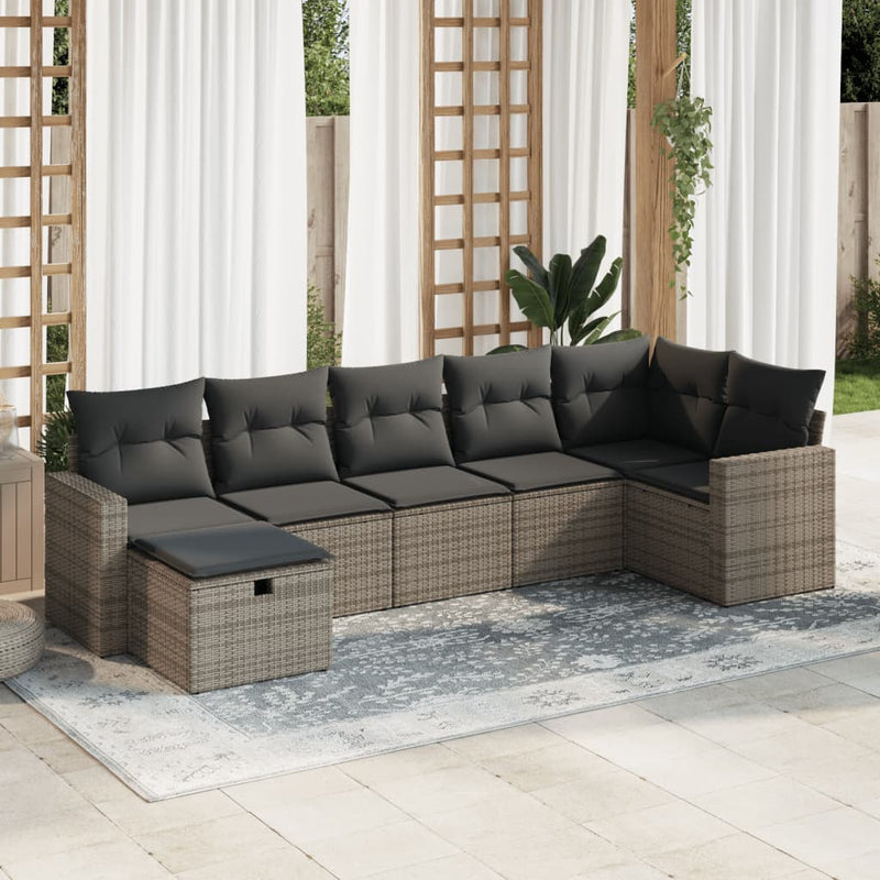 7 Piece Garden Sofa Set with Cushions Grey Poly Rattan