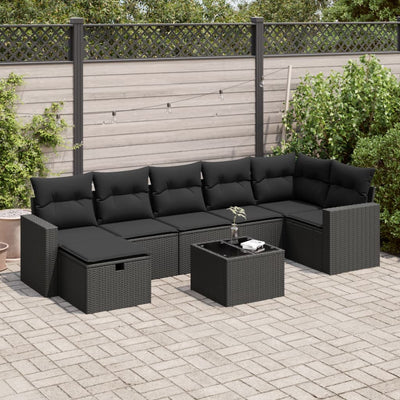 8 Piece Garden Sofa Set with Cushions Black Poly Rattan