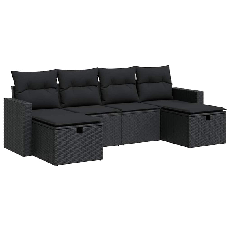 6 Piece Garden Sofa Set with Cushions Black Poly Rattan