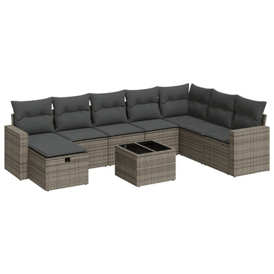 9 Piece Garden Sofa Set with Cushions Grey Poly Rattan