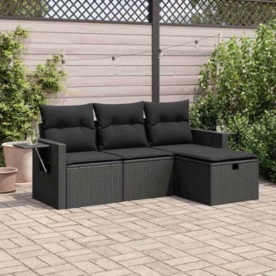 4 Piece Garden Sofa Set with Cushions Black Poly Rattan