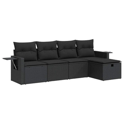 5 Piece Garden Sofa Set with Cushions Black Poly Rattan