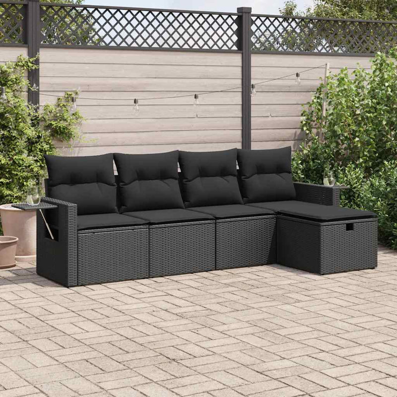 5 Piece Garden Sofa Set with Cushions Black Poly Rattan