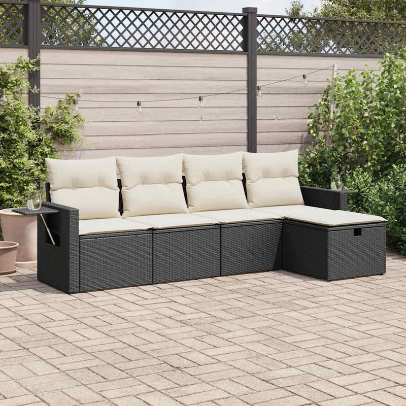 5 Piece Garden Sofa Set with Cushions Black Poly Rattan