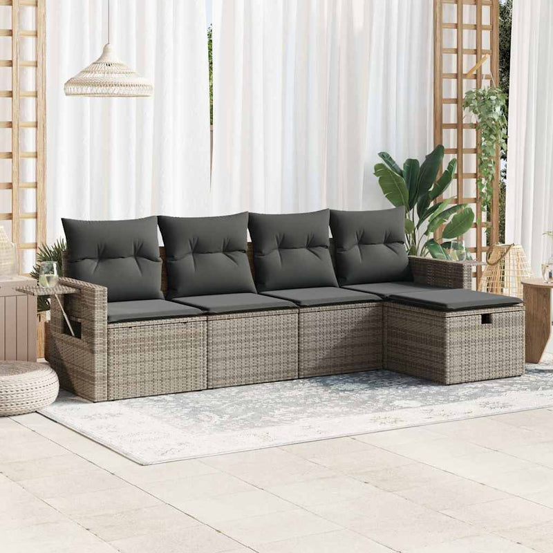 5 Piece Garden Sofa Set with Cushions Grey Poly Rattan