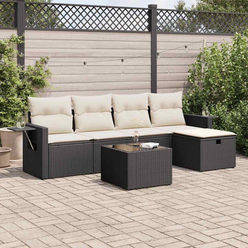 6 Piece Garden Sofa Set with Cushions Black Poly Rattan