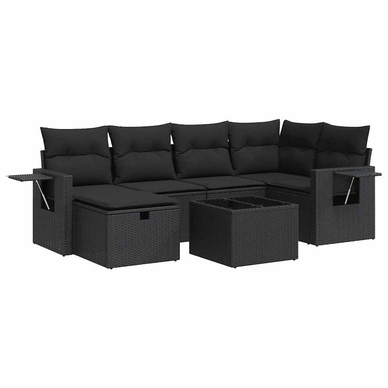 7 Piece Garden Sofa Set with Cushions Black Poly Rattan