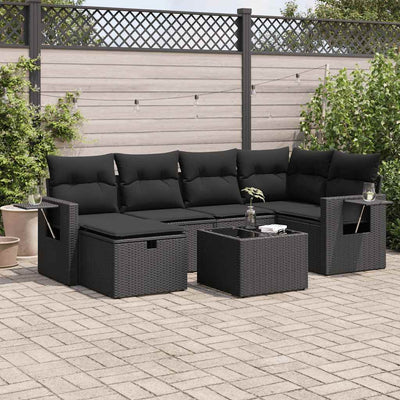 7 Piece Garden Sofa Set with Cushions Black Poly Rattan