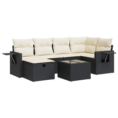 7 Piece Garden Sofa Set with Cushions Black Poly Rattan