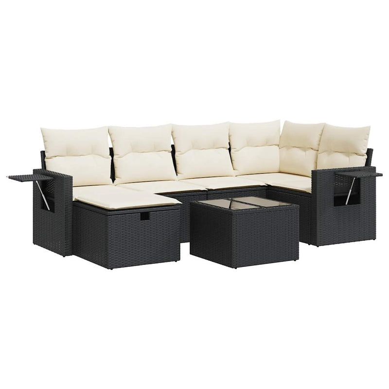 7 Piece Garden Sofa Set with Cushions Black Poly Rattan