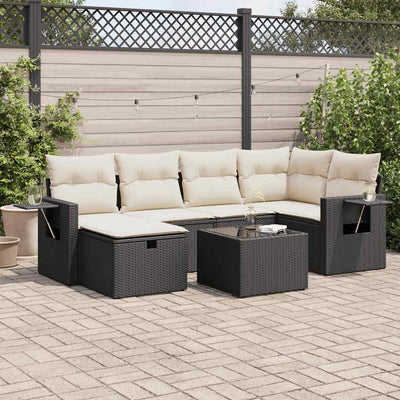 7 Piece Garden Sofa Set with Cushions Black Poly Rattan