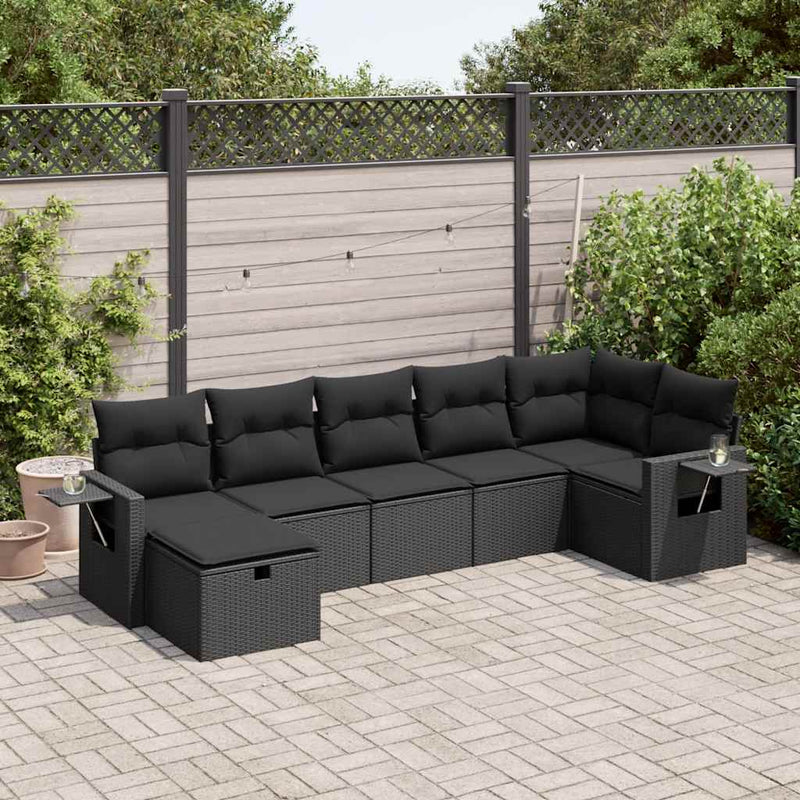 7 Piece Garden Sofa Set with Cushions Black Poly Rattan