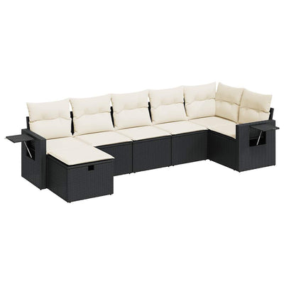 7 Piece Garden Sofa Set with Cushions Black Poly Rattan