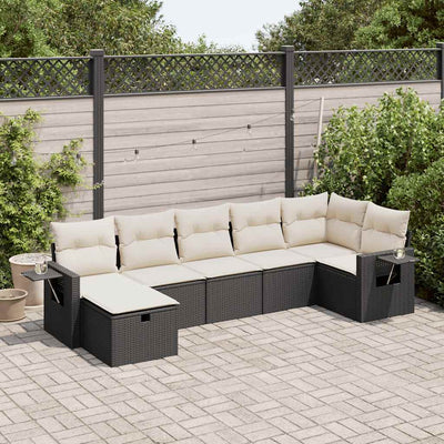 7 Piece Garden Sofa Set with Cushions Black Poly Rattan