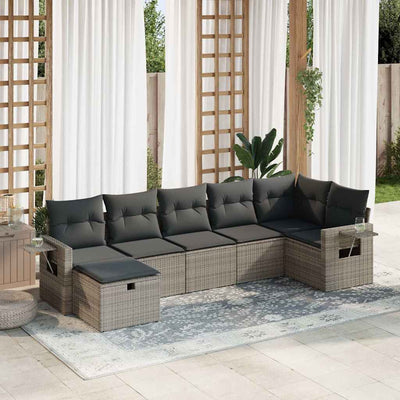 7 Piece Garden Sofa Set with Cushions Grey Poly Rattan