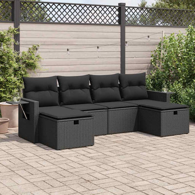 6 Piece Garden Sofa Set with Cushions Black Poly Rattan