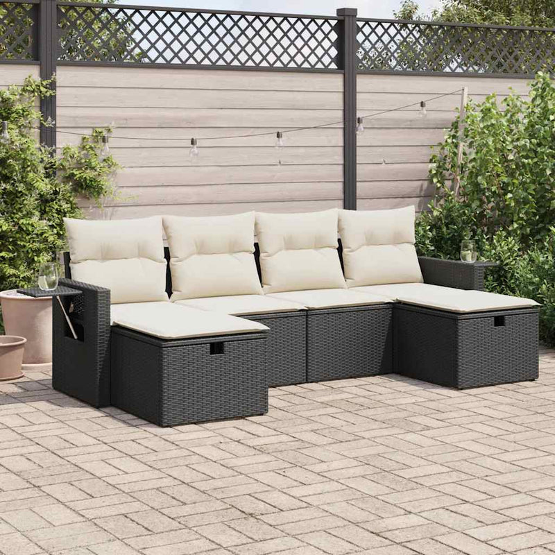 6 Piece Garden Sofa Set with Cushions Black Poly Rattan